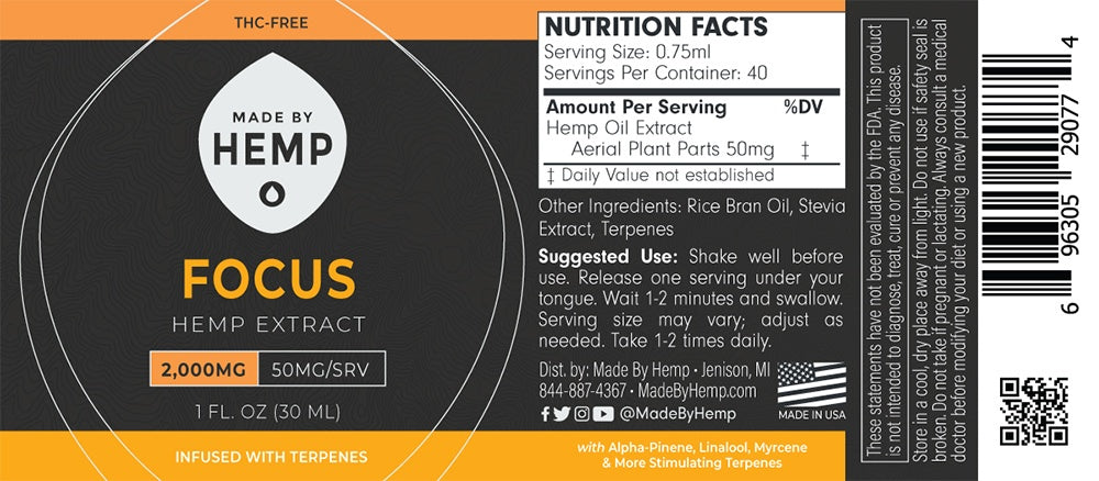 Made by Hemp FOCUS Hemp Extract (1oz, 500-2000mg CBD)💧