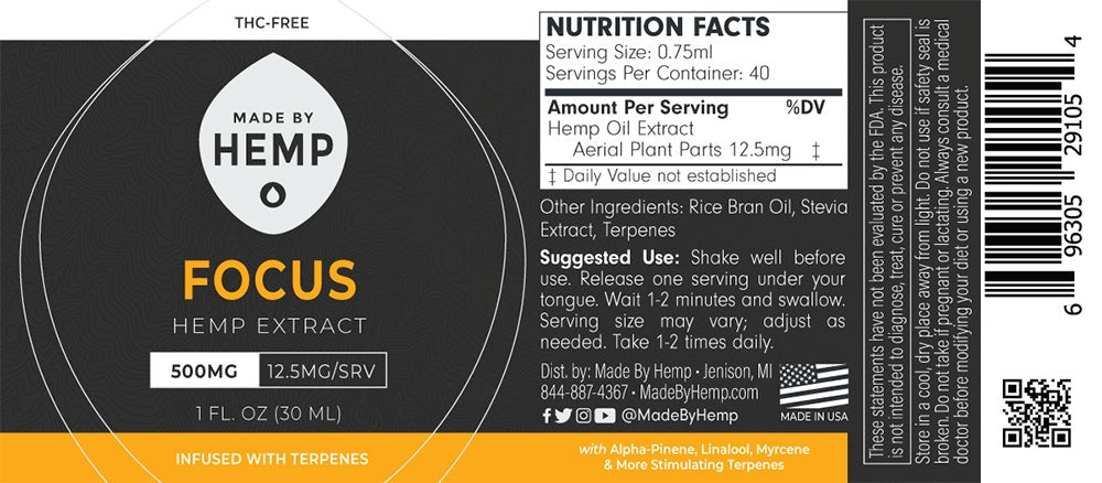 Made by Hemp FOCUS Hemp Extract (1oz, 500-2000mg CBD)💧