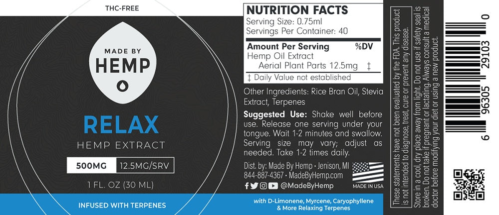 Made by Hemp RELAX Hemp Extract (1oz, 500-2000mg CBD)💧