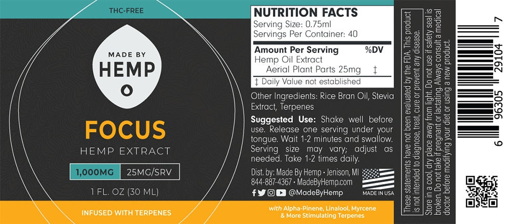 Made by Hemp FOCUS Hemp Extract (1oz, 500-2000mg CBD)💧