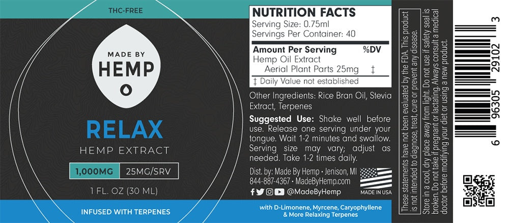 Made by Hemp RELAX Hemp Extract (1oz, 500-2000mg CBD)💧