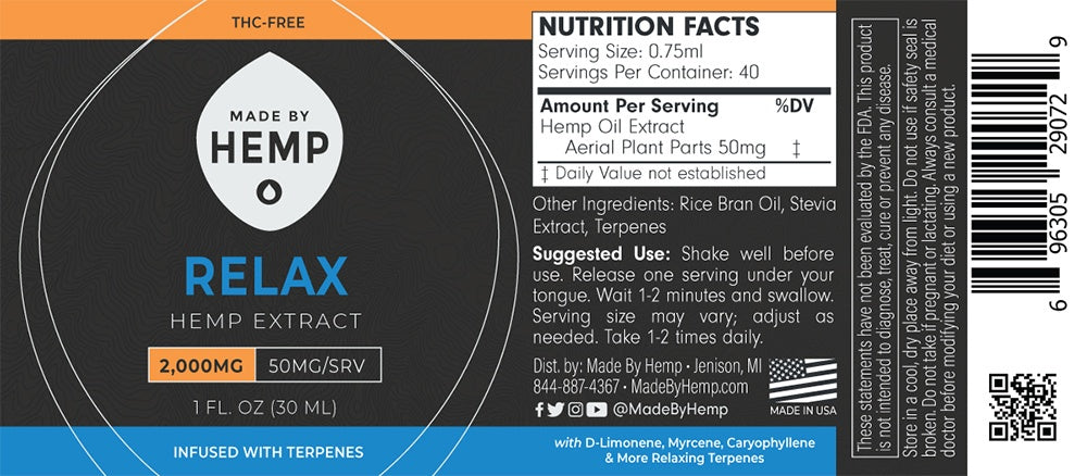 Made by Hemp RELAX Hemp Extract (1oz, 500-2000mg CBD)💧